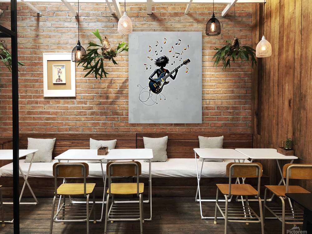 Rock guitarist wall art hanging with electric guitar and floating music notes