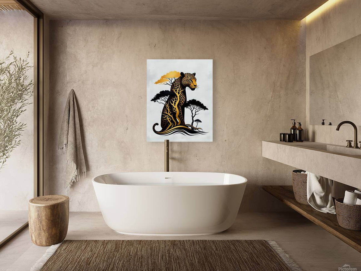 Jaguar wall art print with a golden spotted jaguar and black tree silhouettes