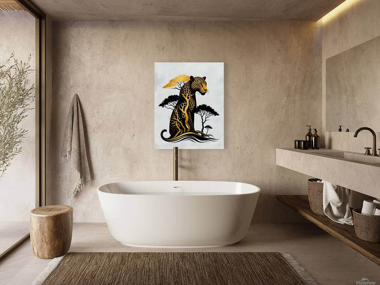 Jaguar wall art print with a golden spotted jaguar and black tree silhouettes