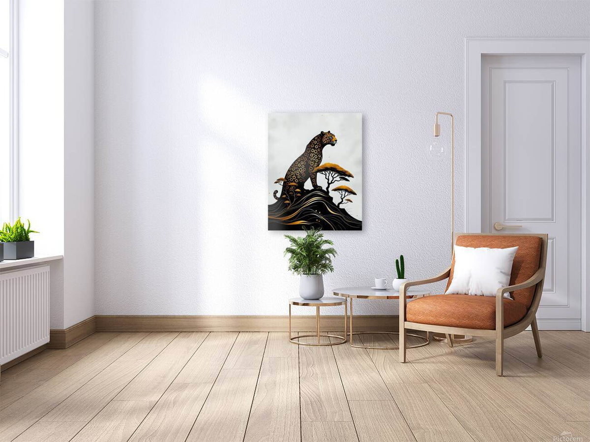 Stylized jaguar on black-and-gold waves with white tree silhouettes wall art