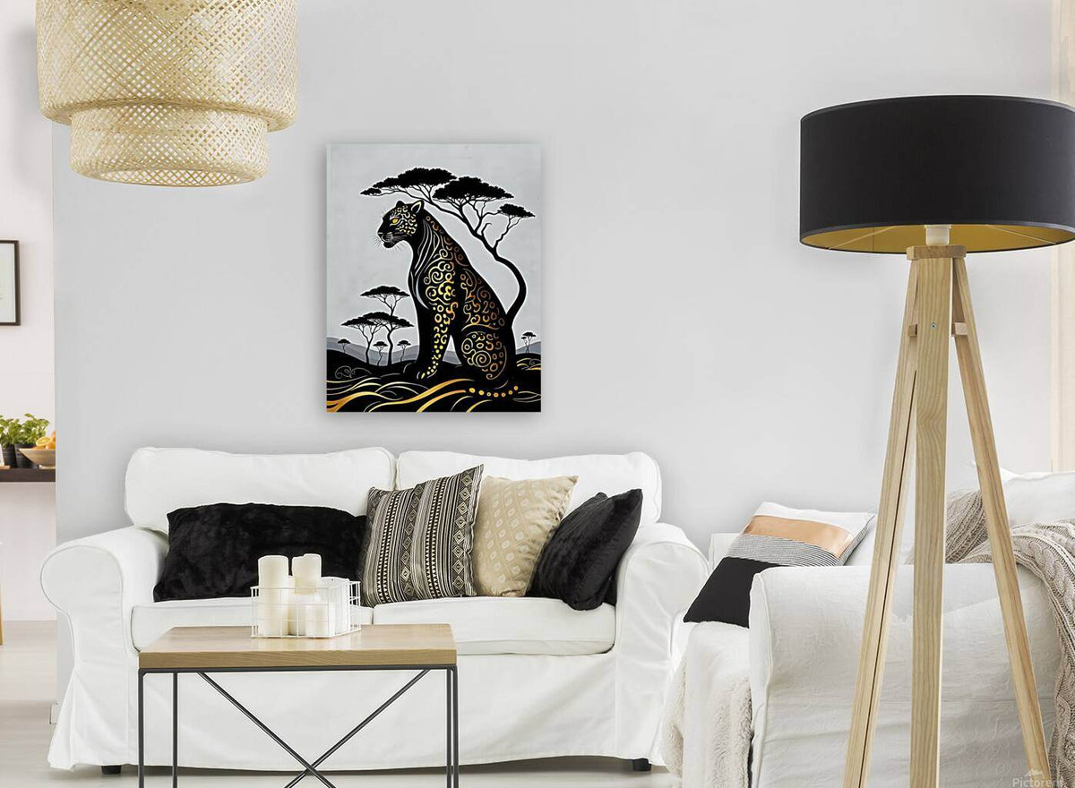 Wall-hung leopard and black tree silhouette art print with gold decorative linework