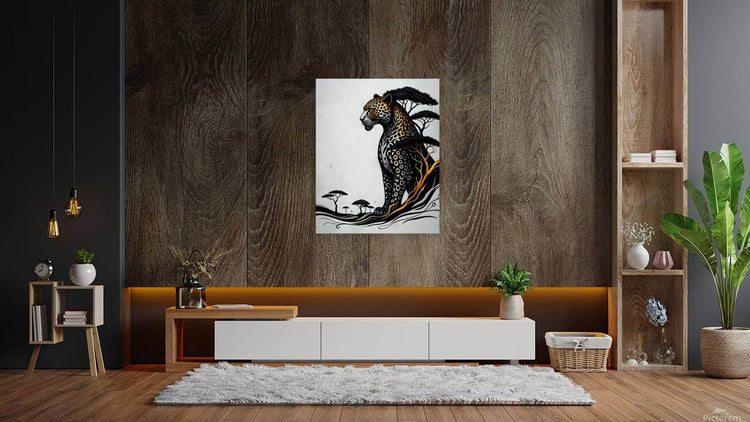 Jaguar wall art in black, gold, and white with spotted coat, trees, and wavy lines