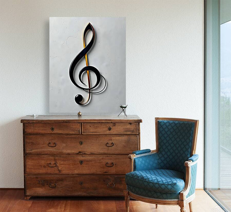 Treble clef wall art with dark black and gold metal tones, centered on a square panel