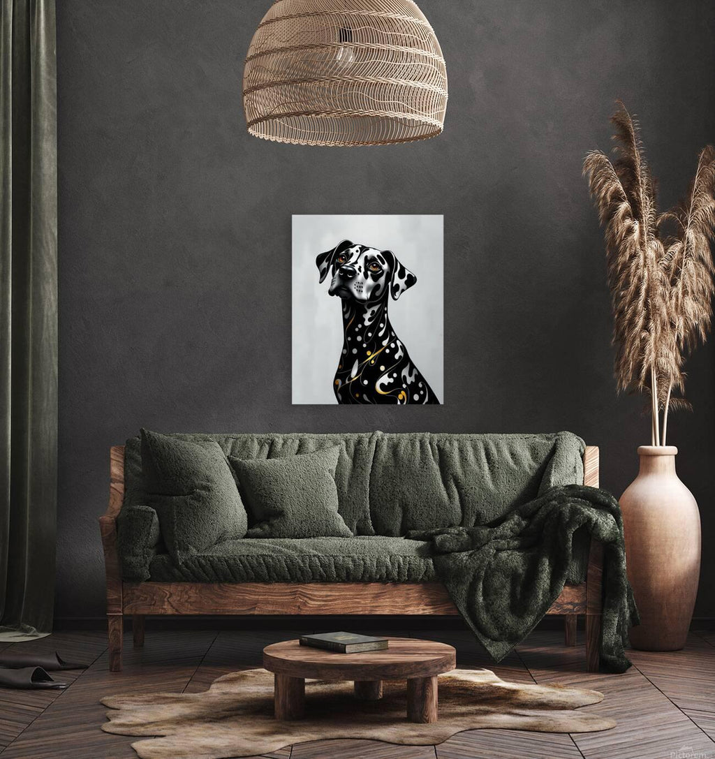 Framed dalmatian portrait wall art of a black-and-white dog with orange eyes and gold accents