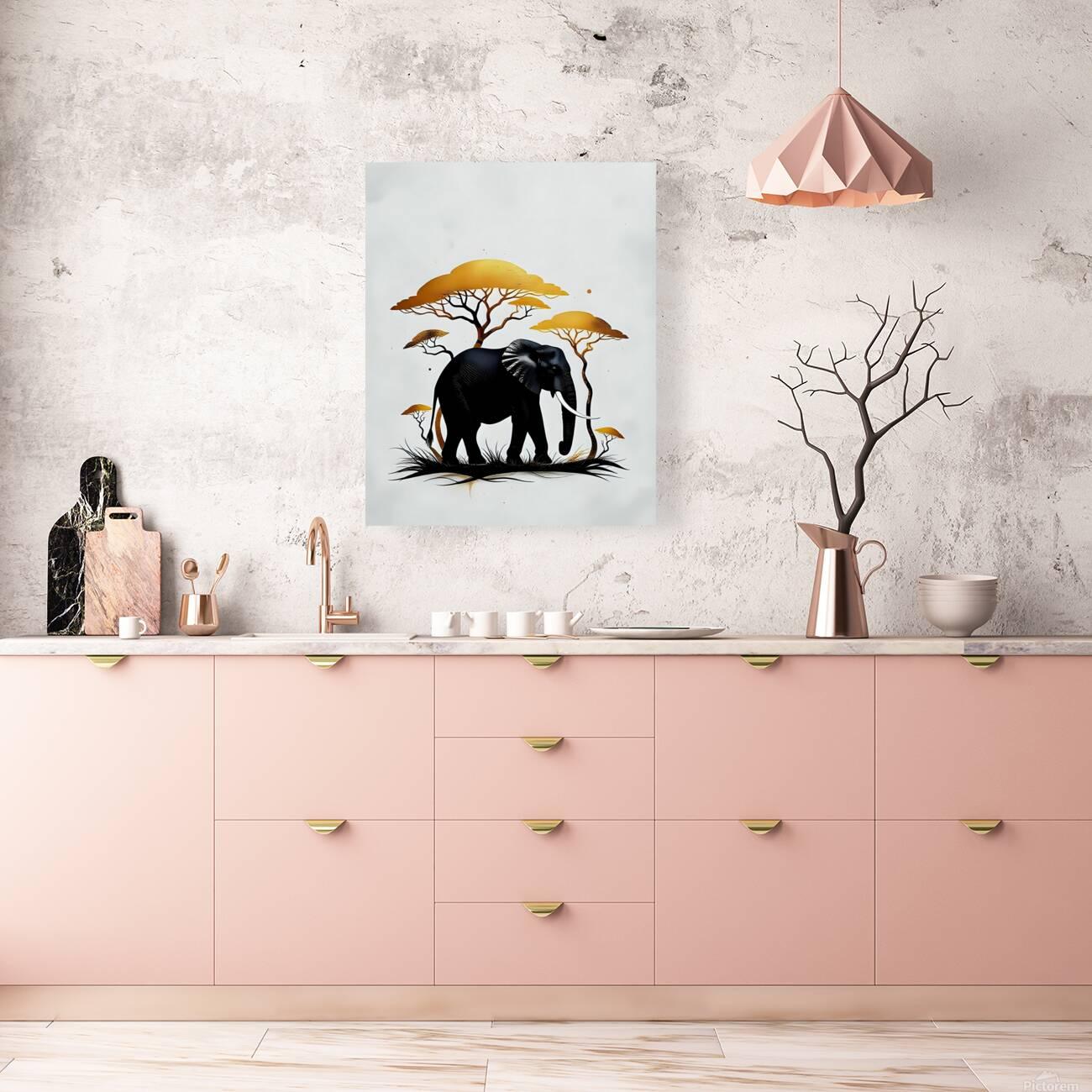 Elephant wildlife wall art print with black elephants and golden acacia trees