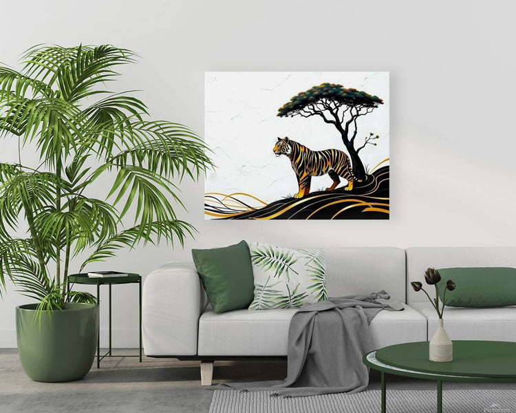 Safari tiger and savannah tree wall art with black and gold wave base