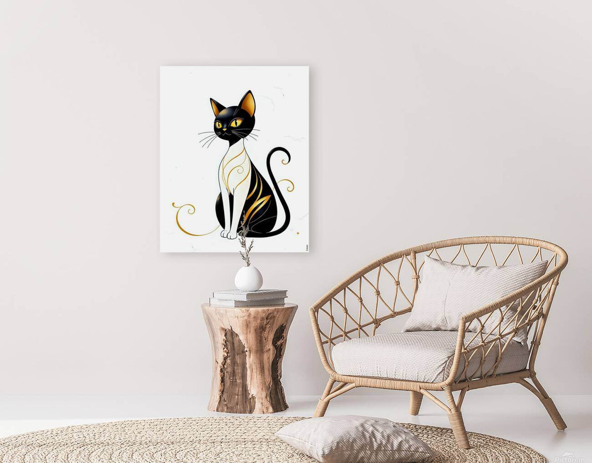 Cat art print on white square, black cat with gold swirls and yellow eyes