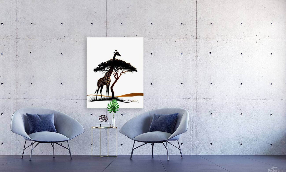 Giraffe print hanging on wall with black tree canopy and orange ground stripe