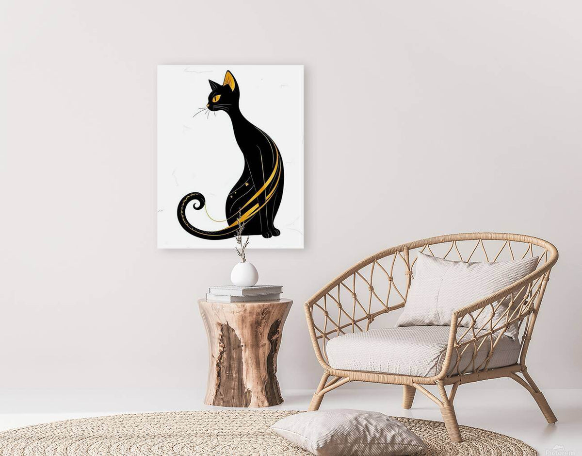 Framed cat art print with black feline and yellow accent lines, curled tail design