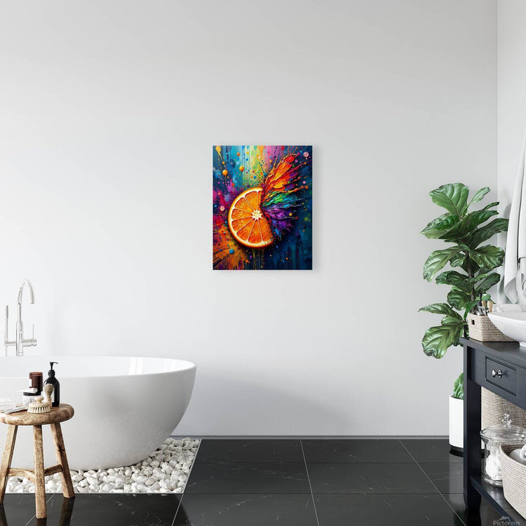 Small abstract orange framed wall art with sliced orange and colorful paintburst.