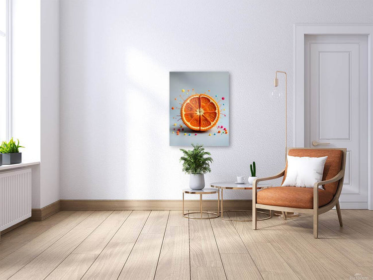 Square wall art of orange citrus half with colorful splatter dots on blue