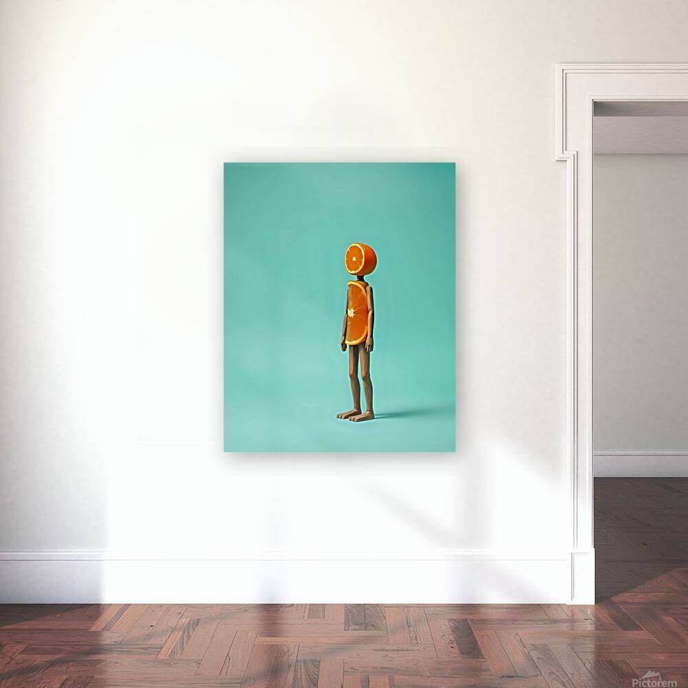 Square framed abstract wall art with orange fruit-headed figure on teal background