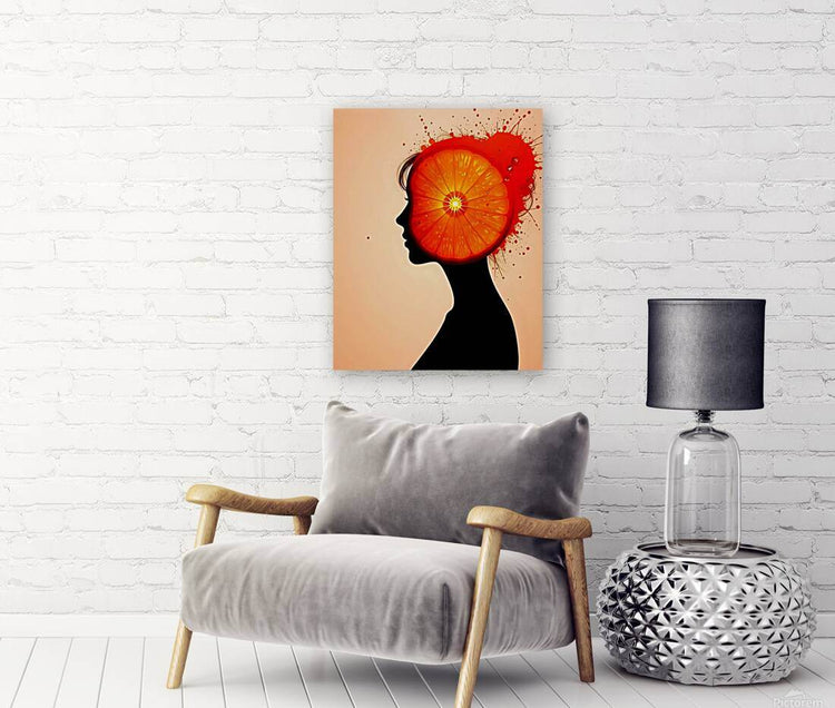 Canvas wall art showing black profile silhouette with orange citrus slice and ink splatter