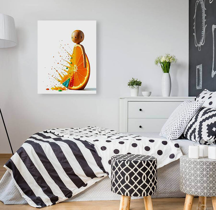 Square wall print showing abstract orange character with smiling fruit figure and juice splatter