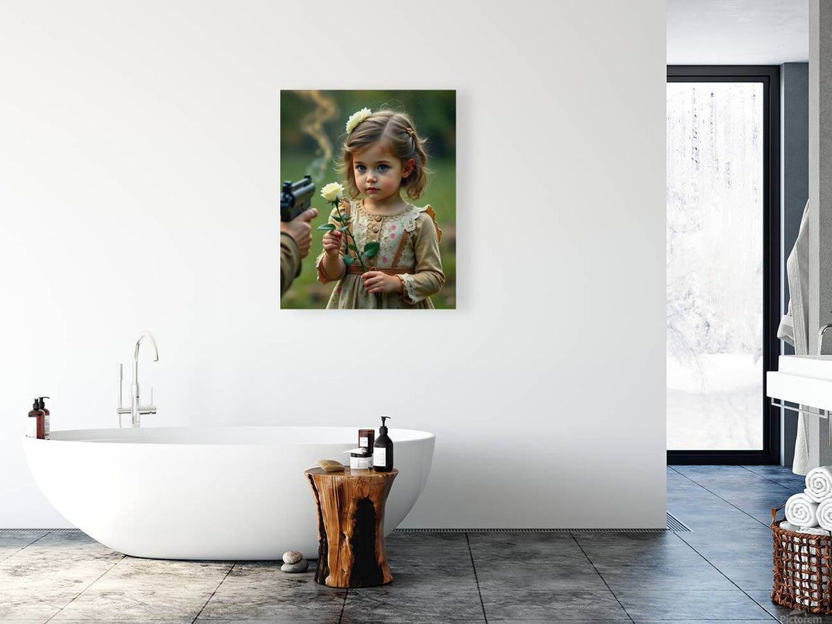 Wall art print featuring a young girl holding a white flower