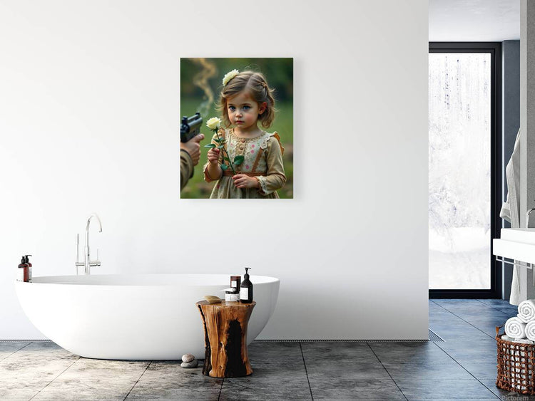 Wall art print featuring a young girl holding a white flower