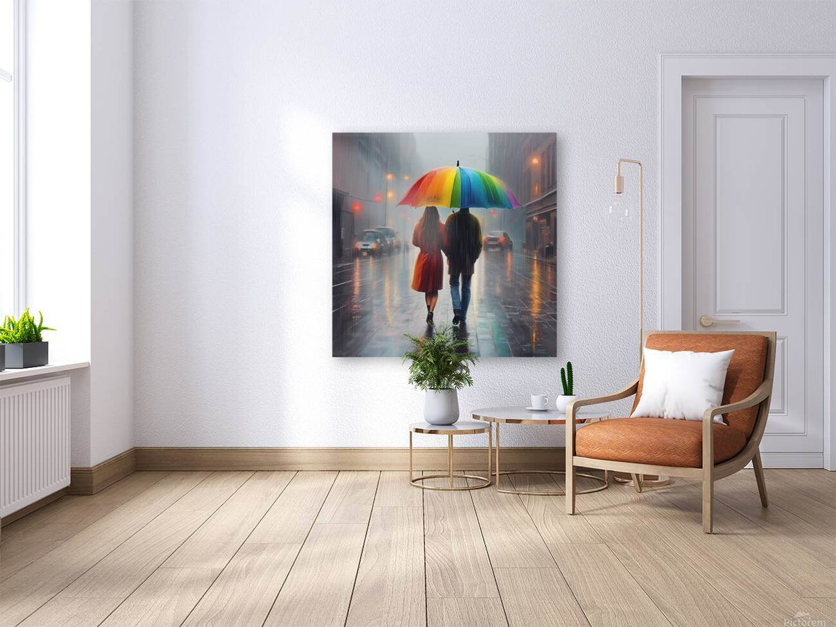 Rainbow umbrella couple artwork print, woman in red dress walking with man in dark top and blue jeans