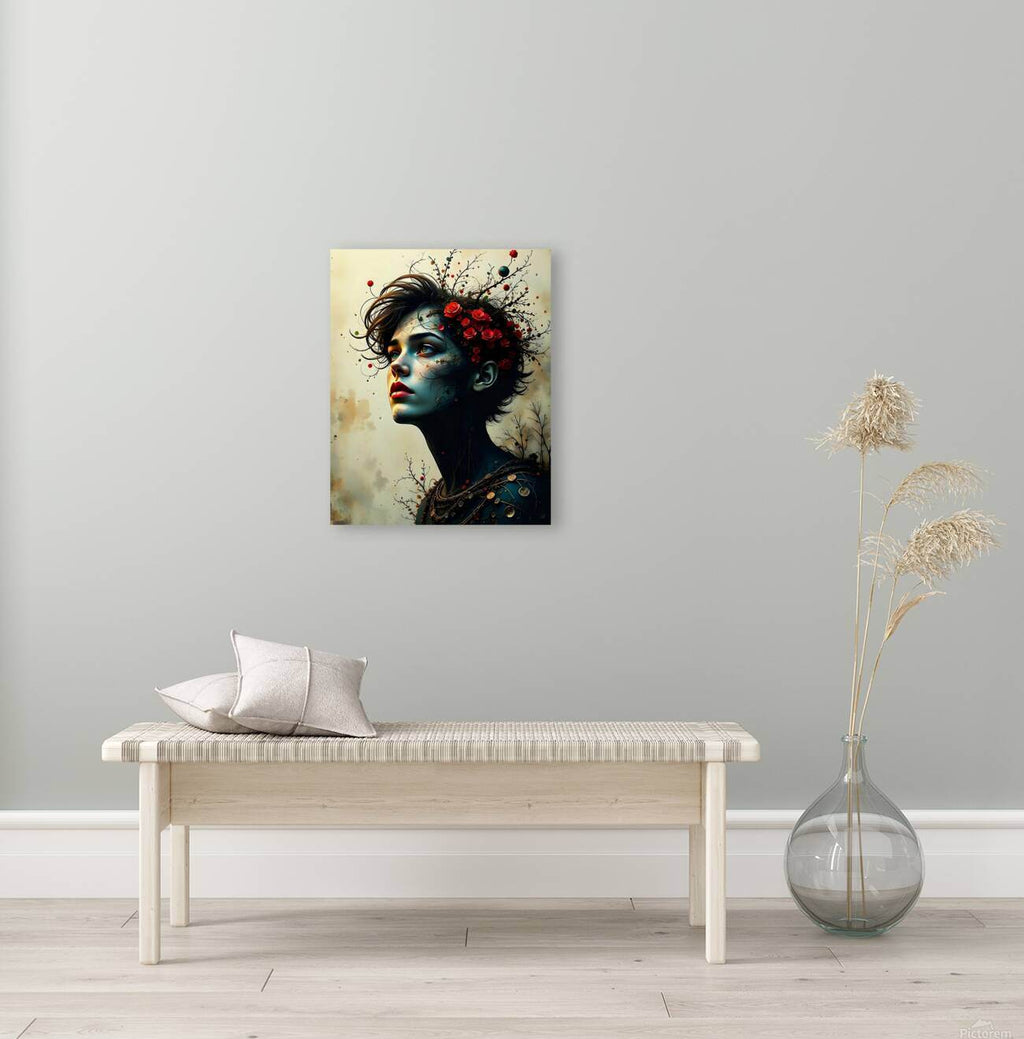 Square wall art print of a blue-faced woman profile with red roses and fine branches