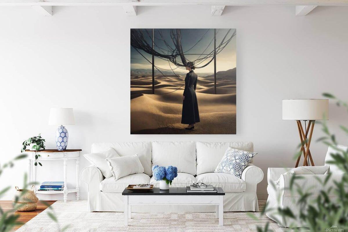 Wall-hung desert artwork print with a woman in a long dark dress under dark wire arches