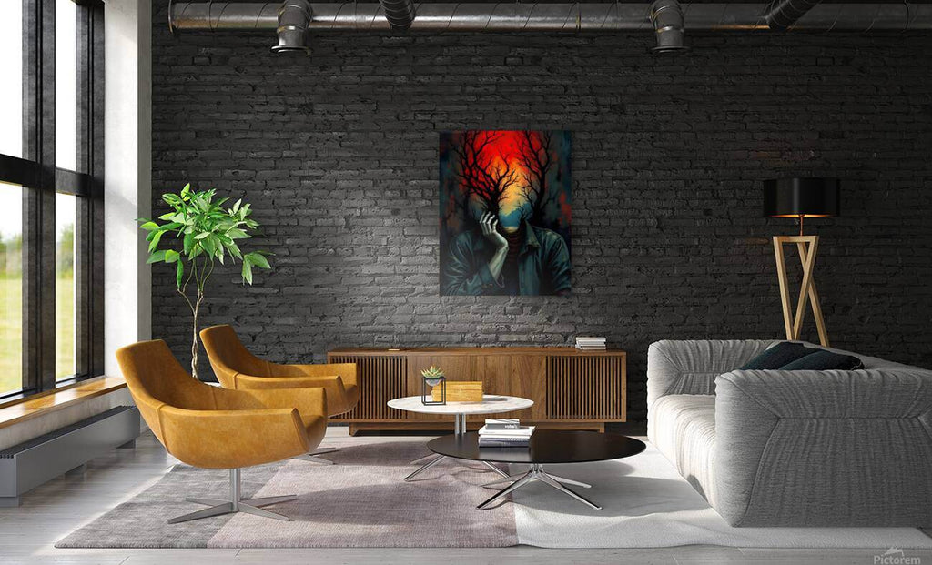 Surreal wall art print above sofa, featuring a figure with tree branches in red and blue hues