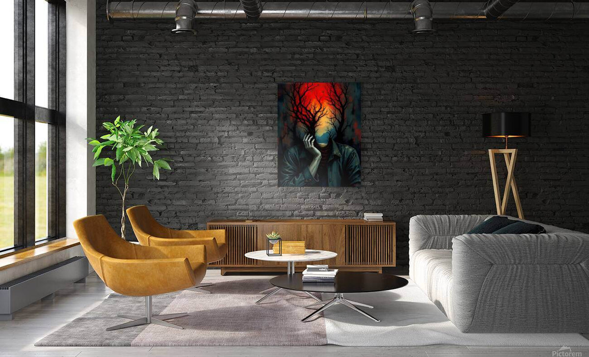 Surreal wall art print above sofa, featuring a figure with tree branches in red and blue hues
