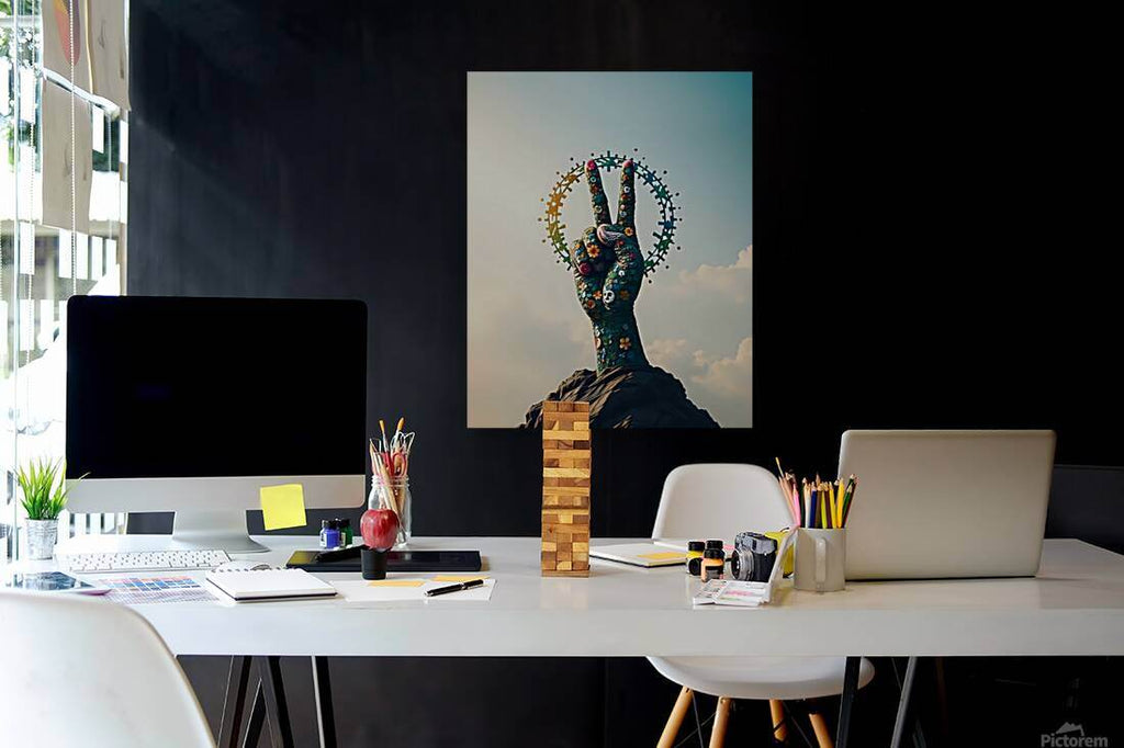 Floral peace-hand artwork with circular peace symbols, dark dress and blue sky