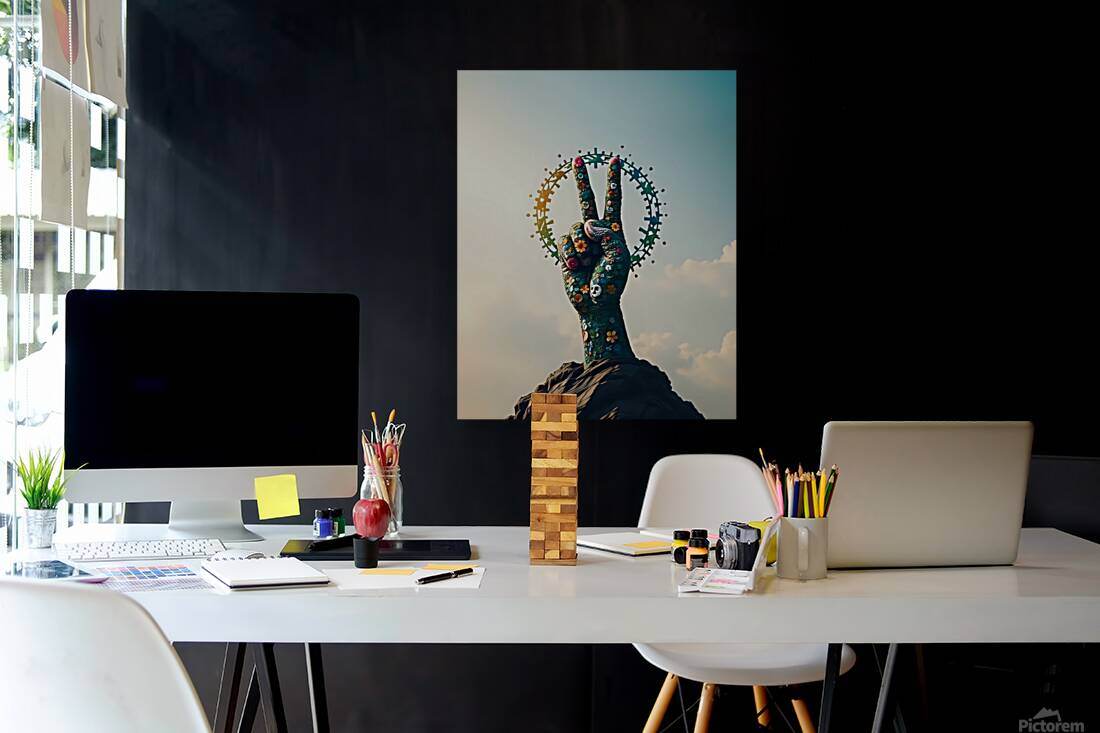Floral peace-hand artwork with circular peace symbols, dark dress and blue sky