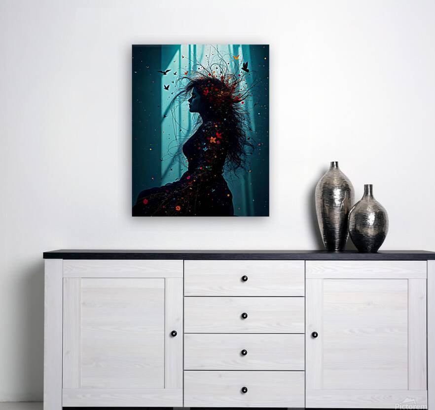Square canvas print of a woman profile in black with colorful butterflies and splash accents