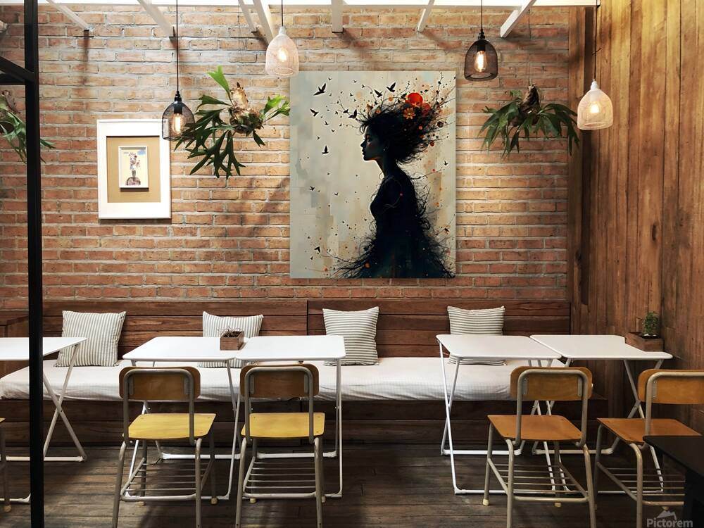 Wall art featuring a dark-haired woman in side profile with birds and red accents