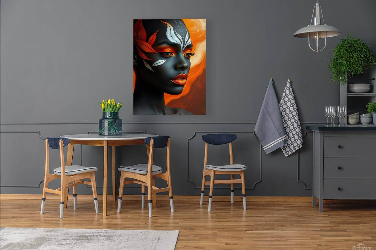 Unframed stylized face portrait wall art with orange background and white feather accents