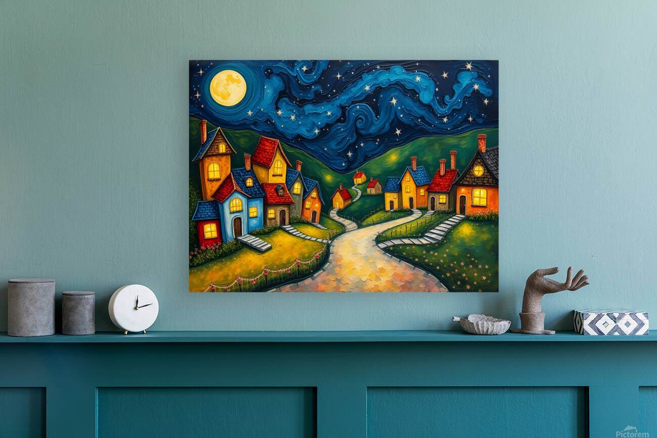 Dreamlike Village 4 - Post-Impressionist-Folk-Art-Nocturnal-Magical - Esmonbijouart 