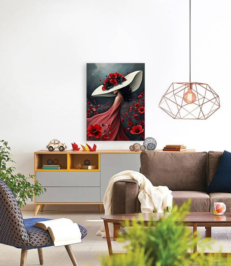 Small canvas print of woman in white hat with red poppy flowers and flowing red gown