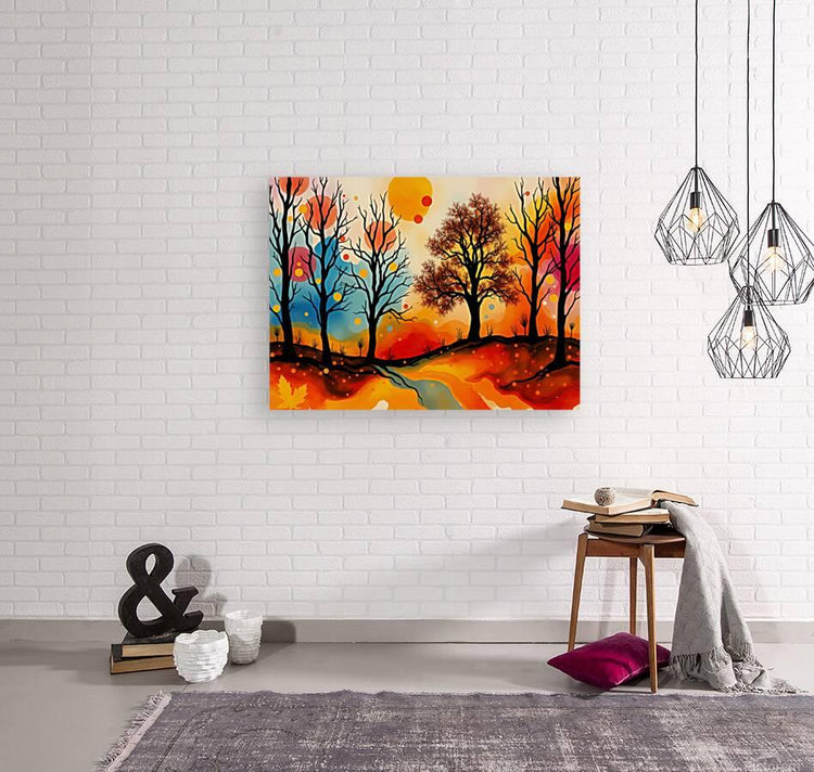 Abstract autumn landscape canvas on white wall with silhouetted trees and orange sun circles