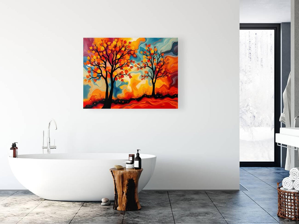 Small abstract fall trees wall art with colorful leaves, black trunks, and wavy blue-red sky