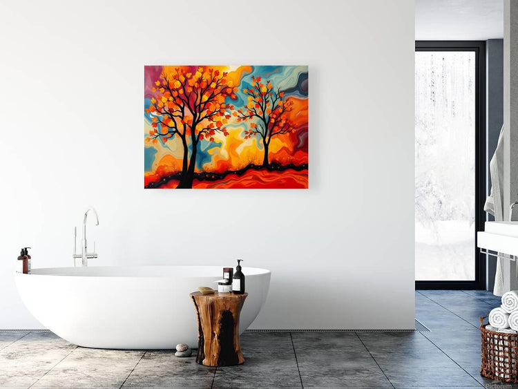 Small abstract fall trees wall art with colorful leaves, black trunks, and wavy blue-red sky