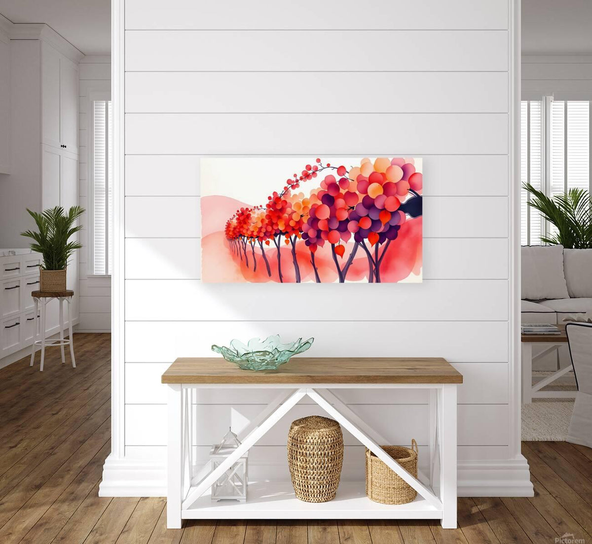 Watercolor autumn tree wall art print on white wall above storage console