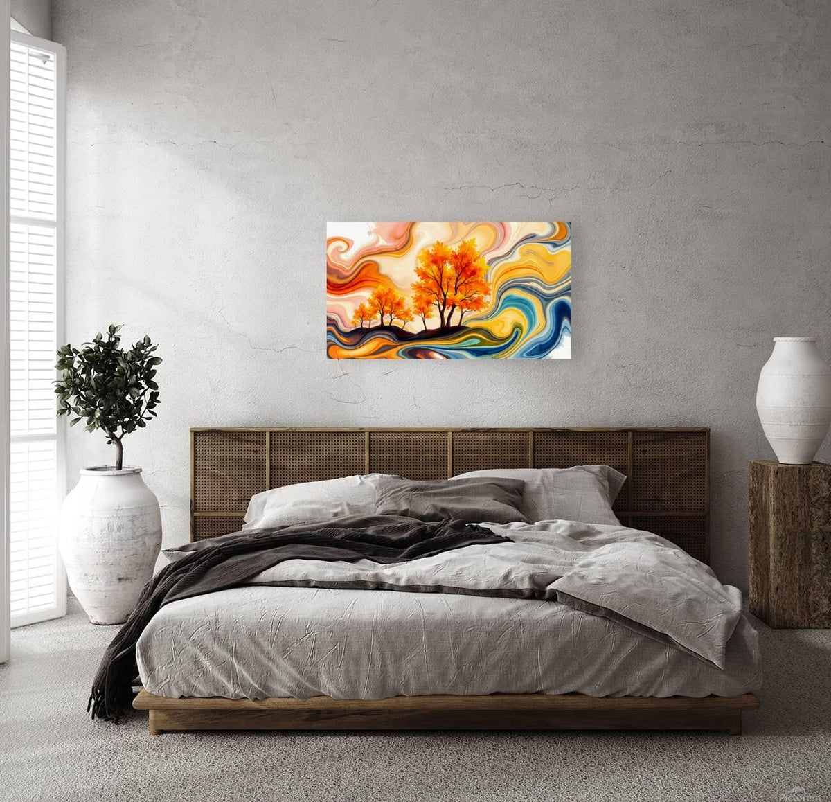 Abstract landscape artwork: orange autumn trees with flowing blue and yellow swirls