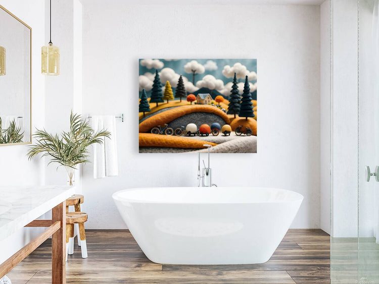 Square yarn-themed wall print with orange tunnel, toy bicycles, trees and clouds