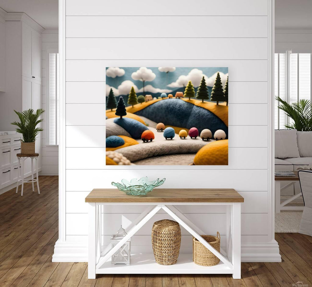 Countryside sheep toy cars print with blue valley, pine trees, and round clouds