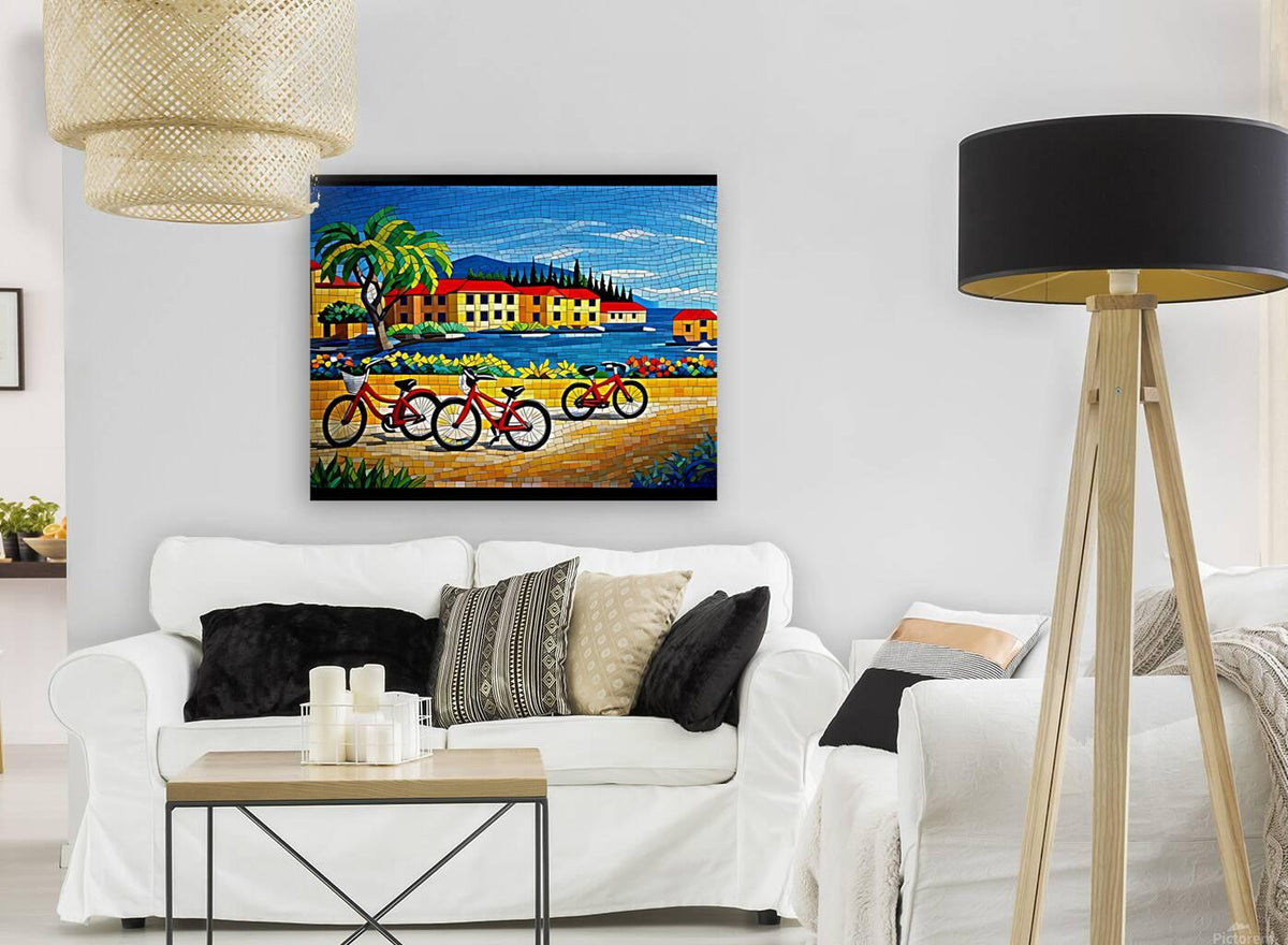 Bicycle mosaic wall art print showing red bikes along a seaside promenade with palm trees