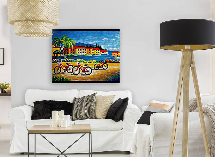 Bicycle mosaic wall art print showing red bikes along a seaside promenade with palm trees
