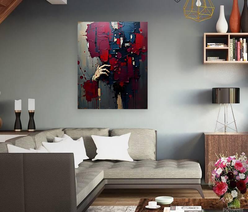 Abstract hand painting on canvas with red, blue, and purple paint drips