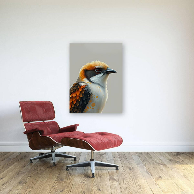 Colorful bird portrait artwork in a square canvas with orange, black, and white feathers