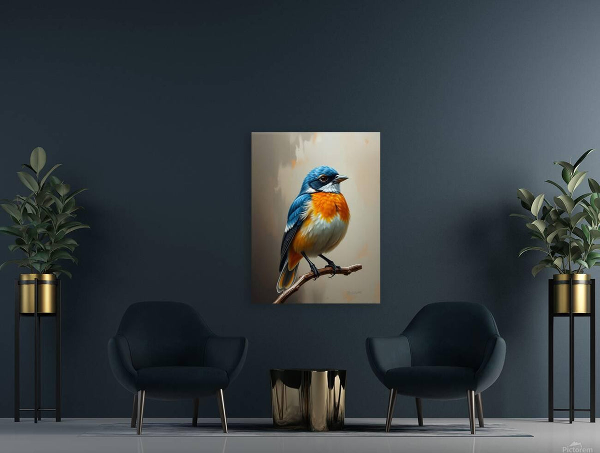 Blue and orange bird portrait wall art print on canvas, perched on a branch