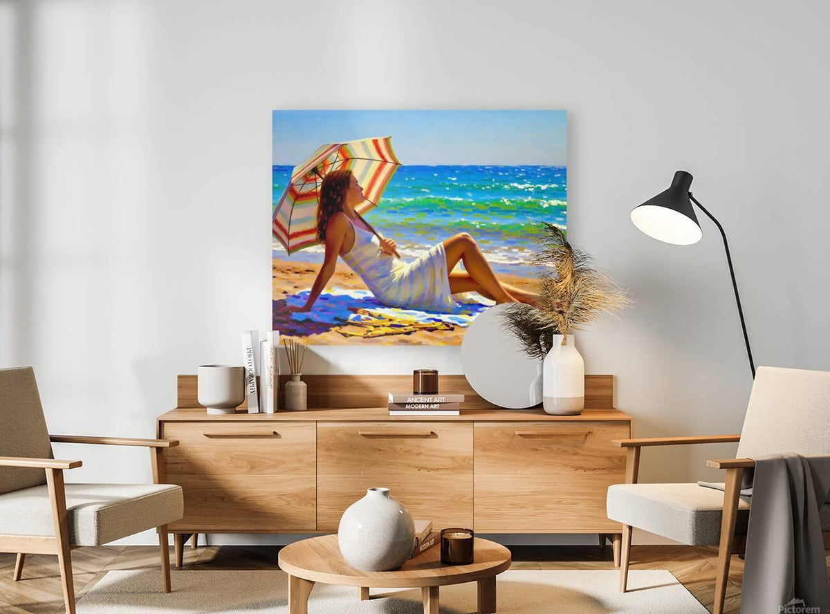 Beach artwork print of a reclining woman holding a striped umbrella
