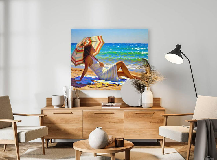 Beach artwork print of a reclining woman holding a striped umbrella