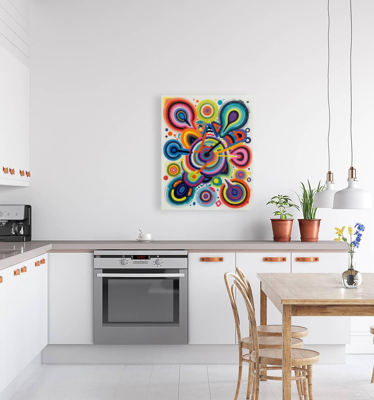 Wall-hung framed abstract print with multicolor circular swirl patterns