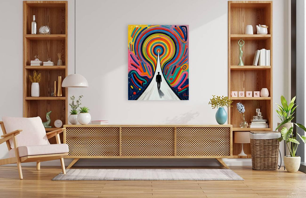 Square rainbow vortex artwork above a wooden sideboard, with concentric swirls and silhouette