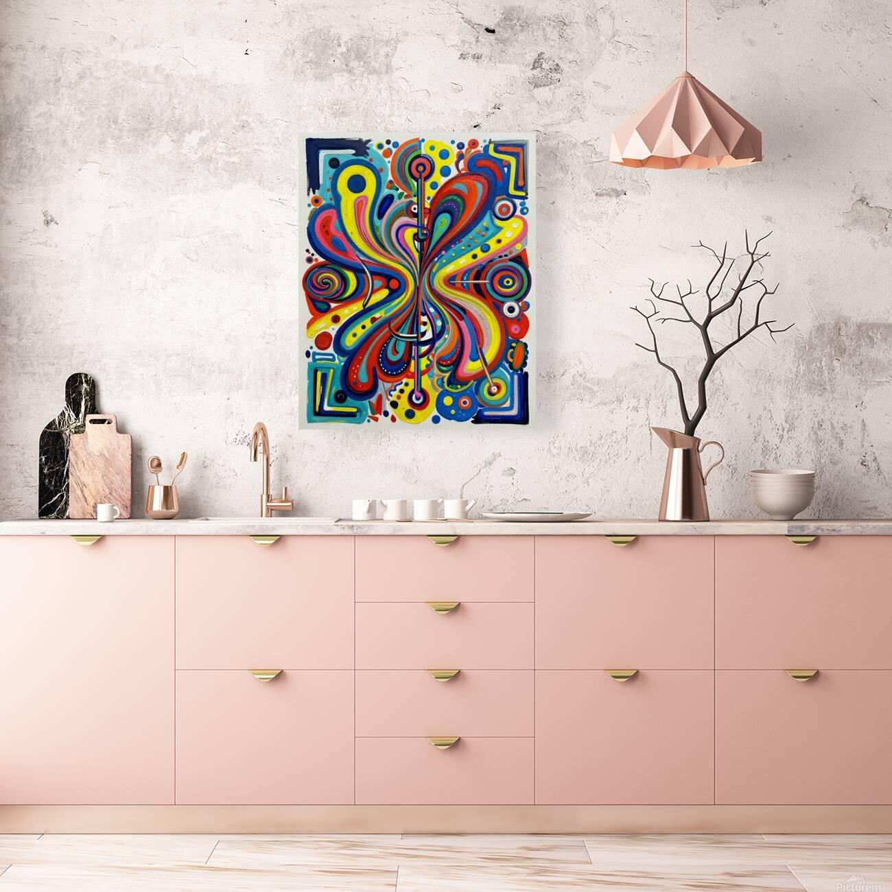 Colorful abstract art stretched canvas print with swirling lines and circle accents centered