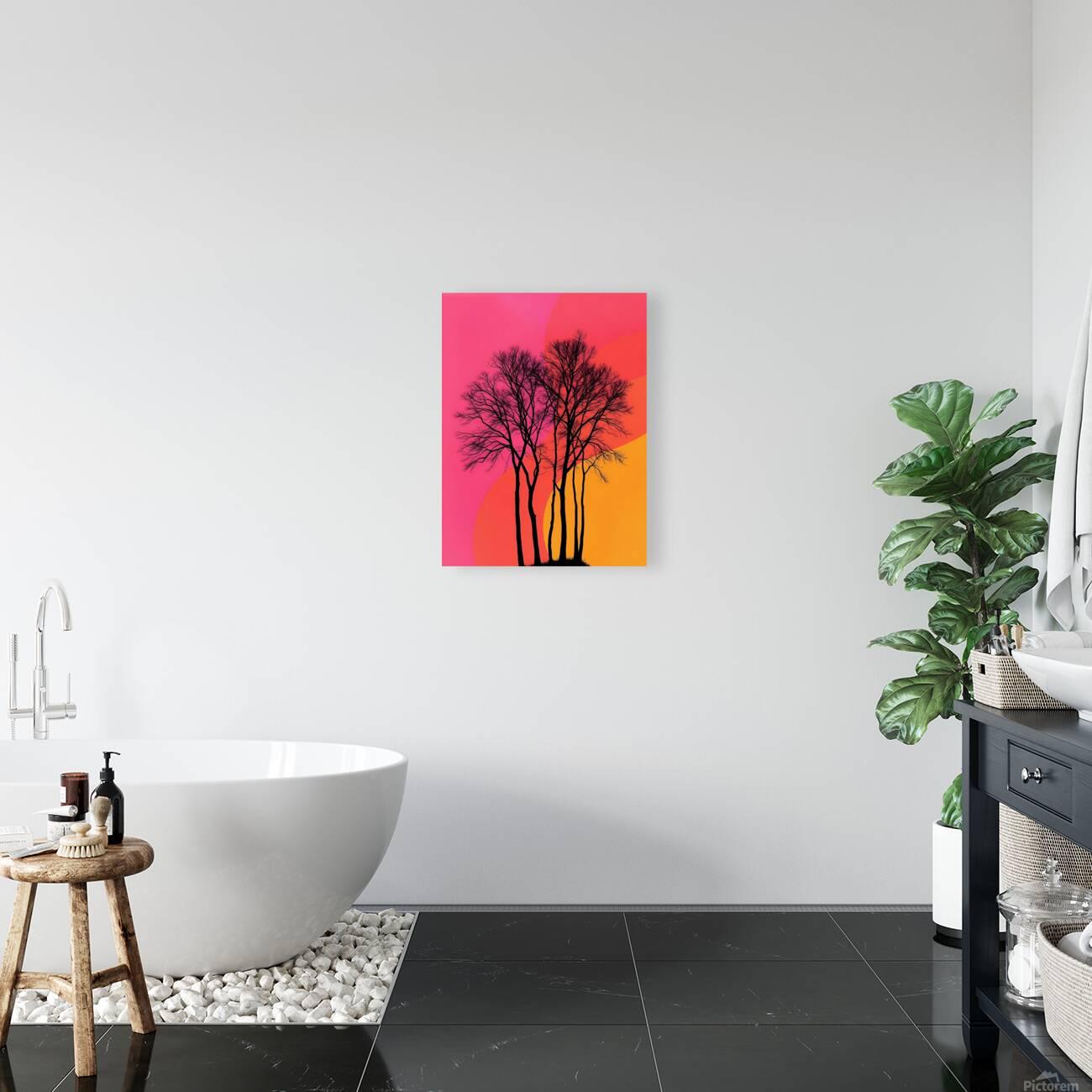 Square wall art print with black tree silhouettes on pink and orange sunset colors